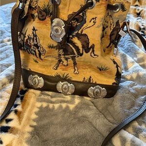 Tapestry Western Bucket Bag with Concho Accents